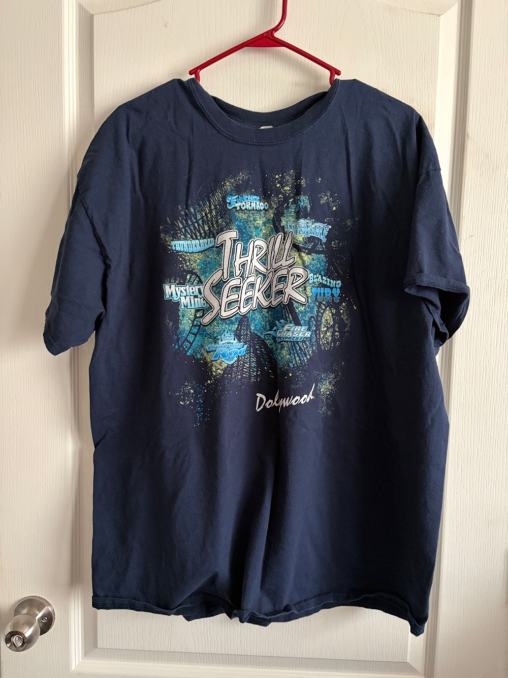Dollywood Thrill Seeker Graphic Tee - Navy with Blue/Teal Print